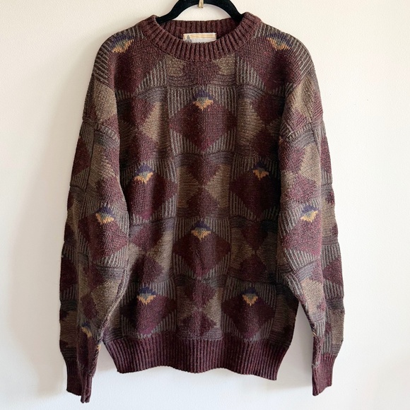 Vintage London Fog Sweater Men’s Large Brown Geometric Wool Blend Retro 90s 80s - Picture 1 of 6
